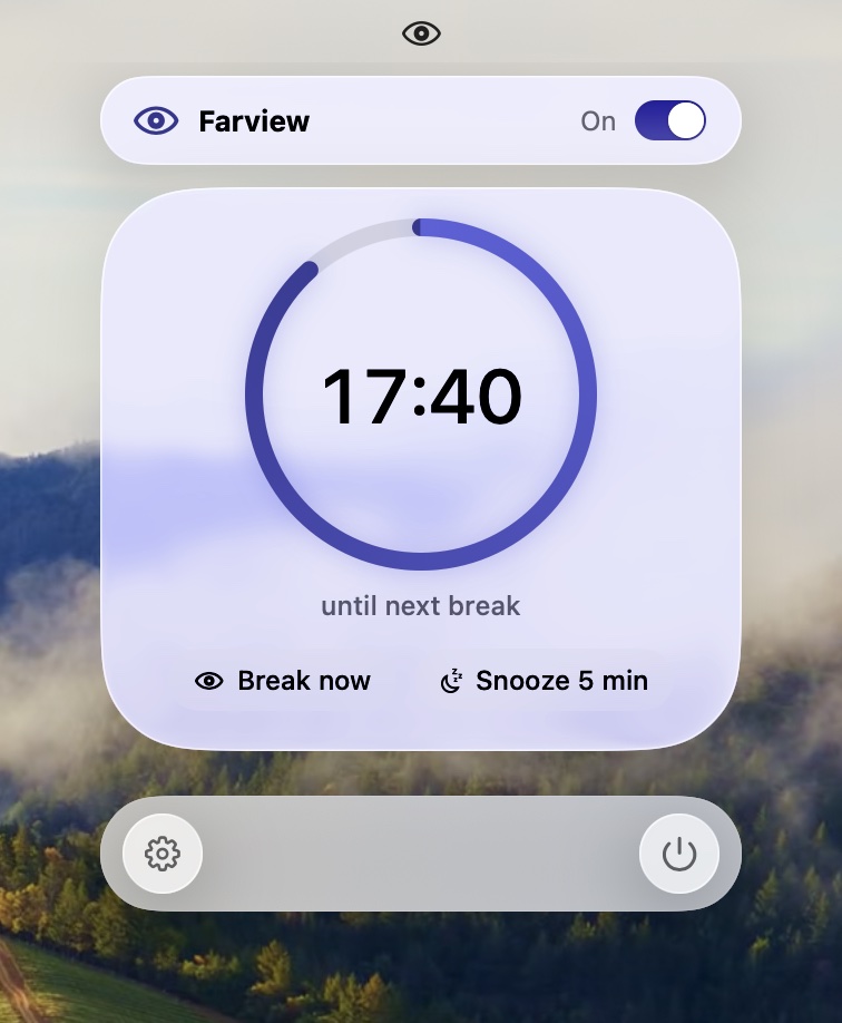 Farview's panel open from the menu bar: switched On, a ring draining around 12:40 “until next break”, with Break now and Snooze 5 min buttons.