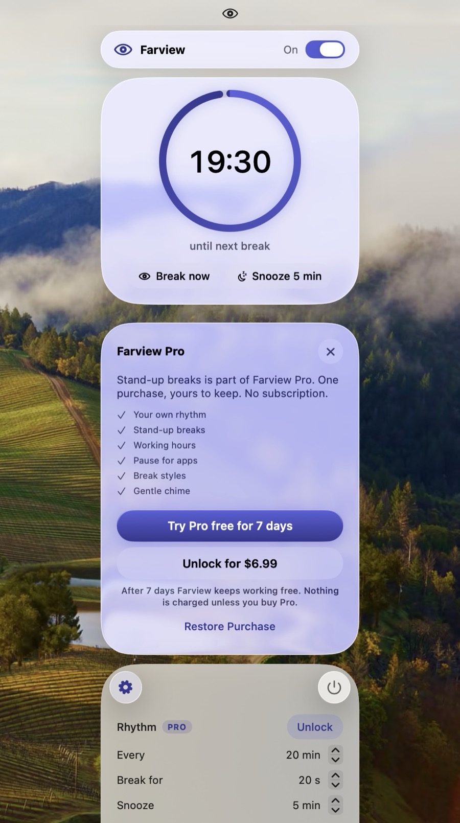 The Farview Pro card in the panel, listing the Pro features with Try Pro free for 7 days, Unlock for $6.99 and Restore Purchase.