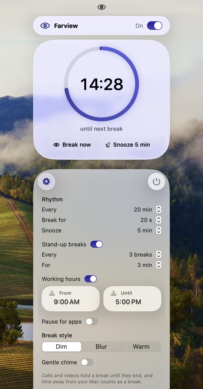 Farview's settings: the rhythm, a 3 minute stand-up break every 3 breaks, working hours from 9:00 AM to 5:00 PM, Pause for apps, break style and a gentle chime.